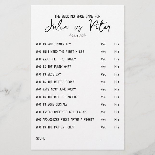 Lámina Boda Preguntas sobre juego de zapatos Papel blanco (Anverso)