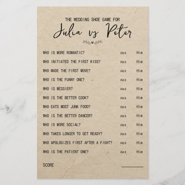 Lámina Boda Preguntas sobre juego de zapatos Papel ruso (Anverso)