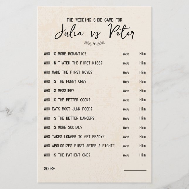 Lámina Boda Preguntas sobre juego de zapatos Papel ruso (Anverso)