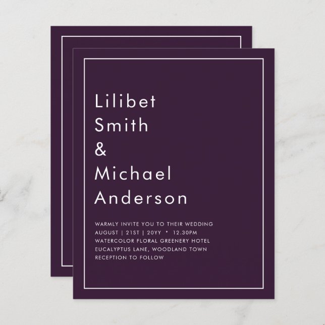 Lámina BODA PRESUPUESTARIO PLUM PURPLE Monocromo Simple (Anverso / Reverso)