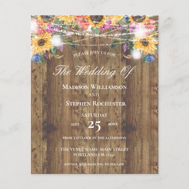 Lámina Boda Presupuestario Rústico de Madera, Girasol y L (Anverso)