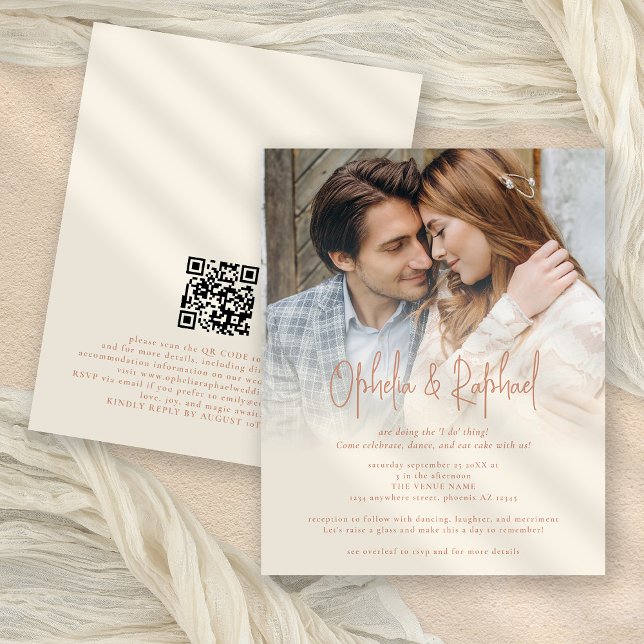 Lámina Boda QR Terracotta Cream (Front and back view. Smaller 4.5 x 5.6" budget price invitation)