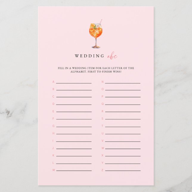 Lámina Boda rosado ABC Bridal Shower Game (Anverso)