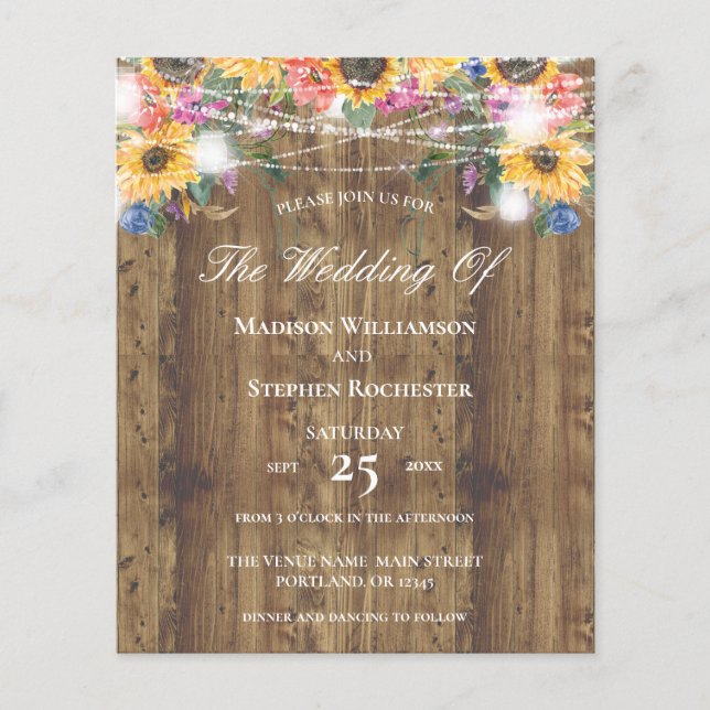 Lámina Boda rústica con madera, girasoles y luces (Anverso)