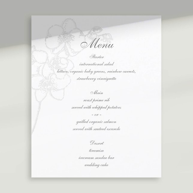 Lámina Boda tradicional de orquídeas Grabado en relieve f (formal wedding menu faux embossed orchid floral modern classic traditional calligraphy)