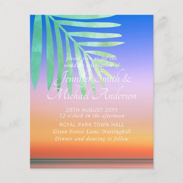 Lámina Boda Tropical en Playa Sunset Invita al presupuest (Anverso)