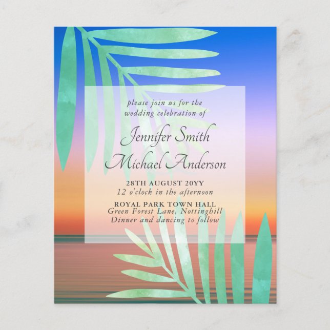 Lámina Boda Tropical en Playa Sunset Invita al presupuest (Anverso)