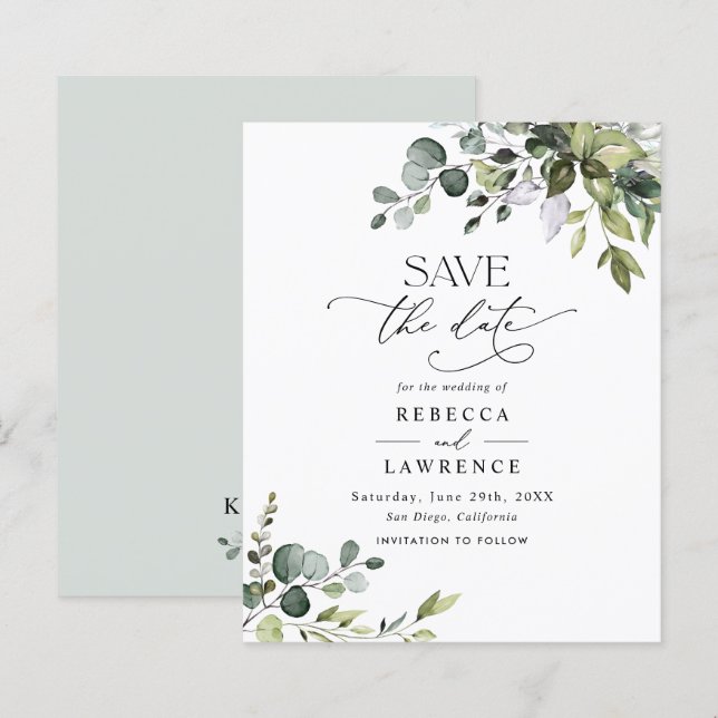 Lámina Boda verde elegante de presupuesto Guardar la fech (Anverso / Reverso)