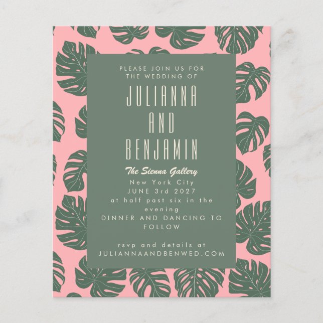 Lámina Boda Verde Rosa Botánico de la Planta Monstera Pre (Anverso)