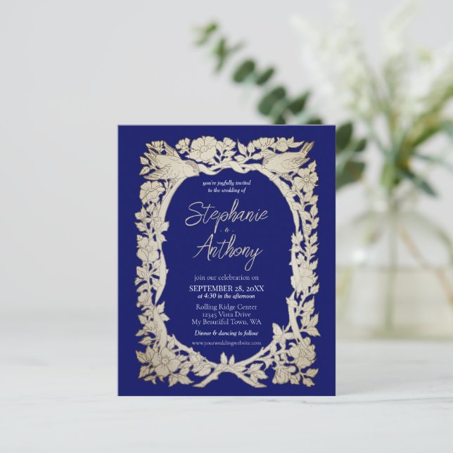 Lámina Boda Vintage Floral Borde Azul Presupuestario (Anverso de pie)