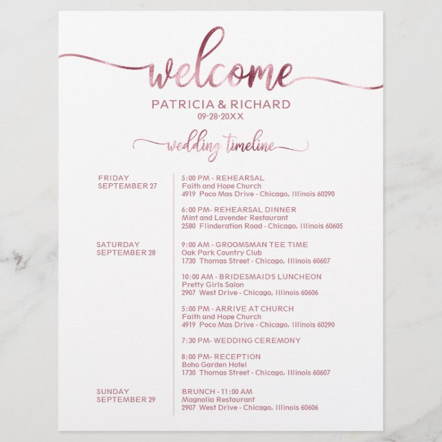 Lámina Boda Weekend Itinerary Simple Moda Timeline (Anverso)