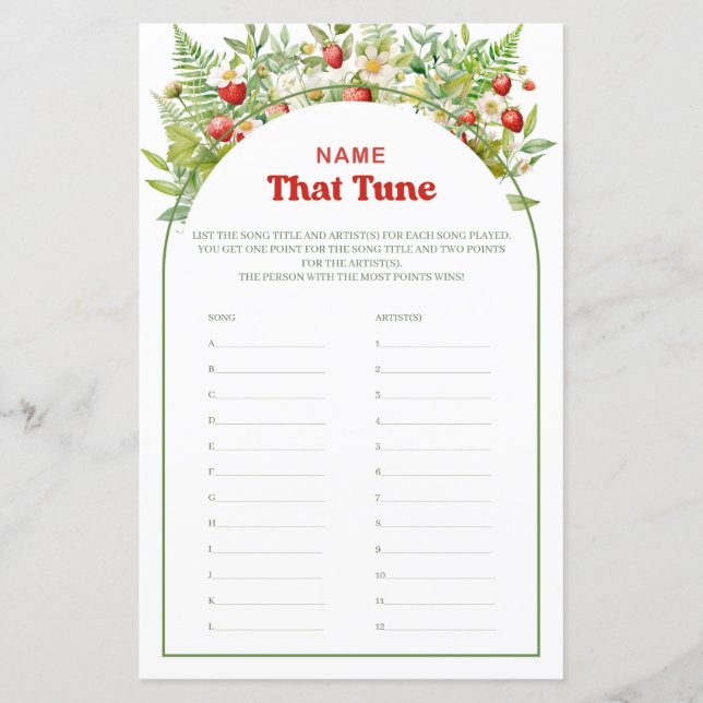 Lámina Boho Arch Berry Sweet Name That Tune Game (Anverso)