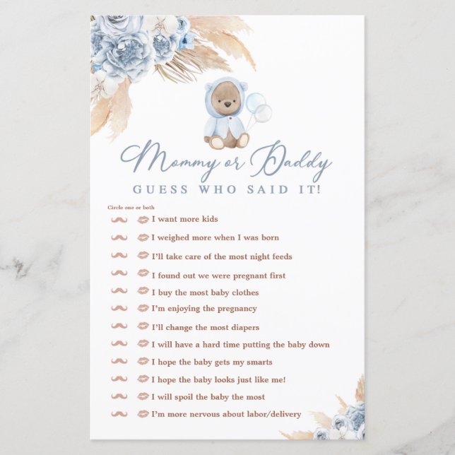 Lámina Boho Bear Shower Game Adivina Quién Dijo (Anverso)