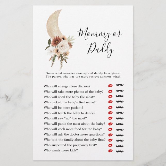 Lámina Boho Beige Moon Baby Shower Mommy or Daddy (Anverso)