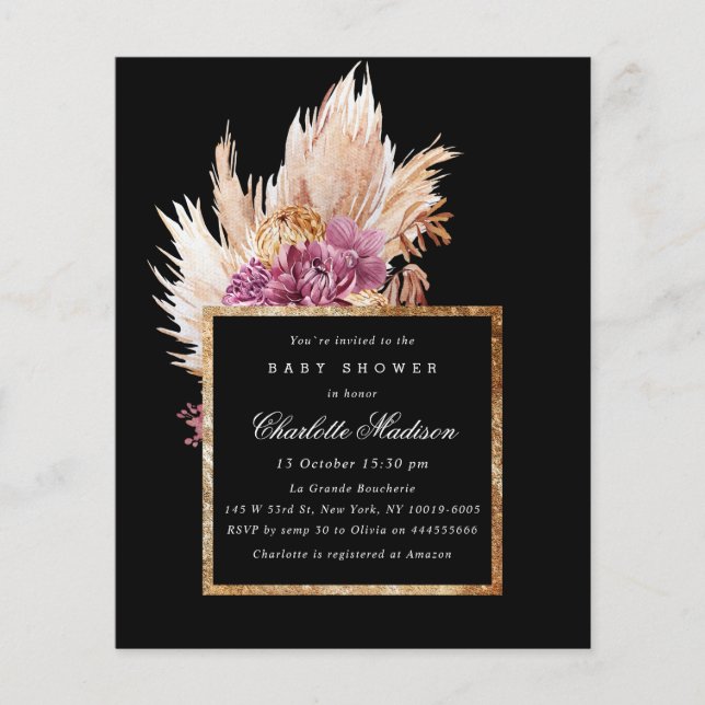 Lámina Boho Black, Invitación Baby Shower Gold (Anverso)