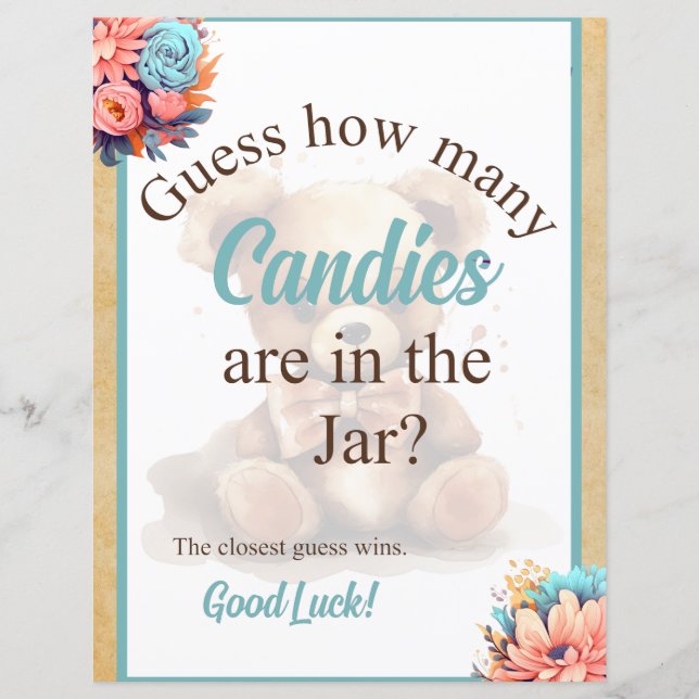 Lámina Boho Blue Bear Baby Shower Candy Jar Game (Anverso)