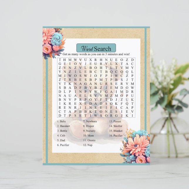 Lámina Boho Blue Bear Baby Shower Word Search Game (Anverso de pie)