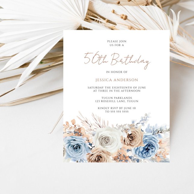Lámina Boho Blue Floral Budget Invitación a los 50 Años (Subido por el creador)