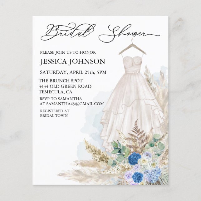 Lámina Boho Bridal Shower Boda Vestido Watercolor Azul (Anverso)