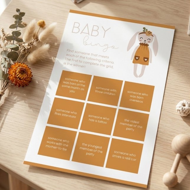 Lámina Boho Bunny Floral Baby Shower Activity (Baby shower bingo game)