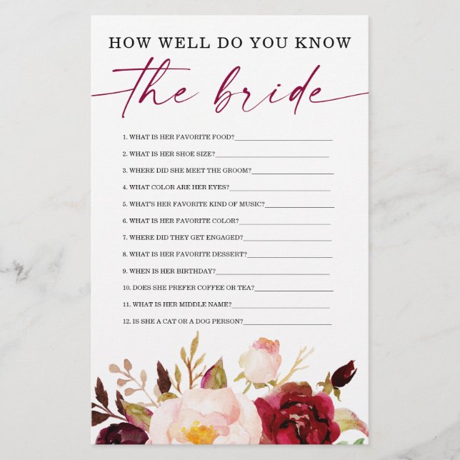 Lámina Boho Burgundy Doble costado Bridal Shower Games (Anverso)