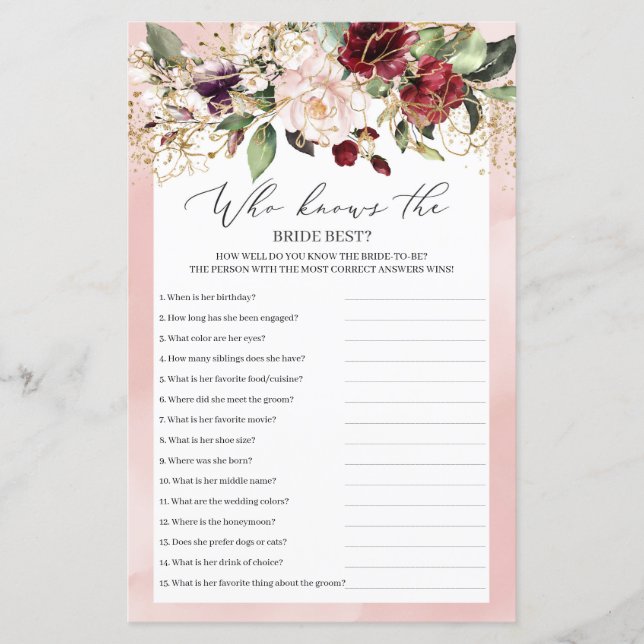 Lámina Boho Burgundy Floral quien conoce mejor a la novia (Anverso)