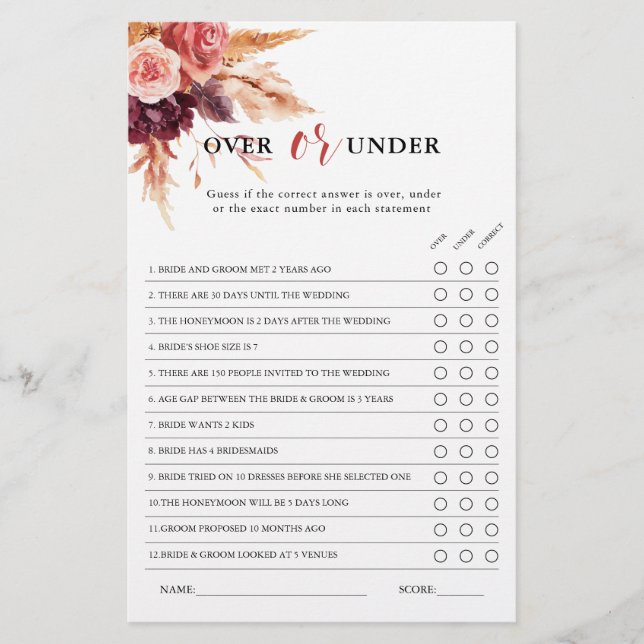 Lámina Boho Burgundy Terracotta Floral Bridal Shower Game (Anverso)