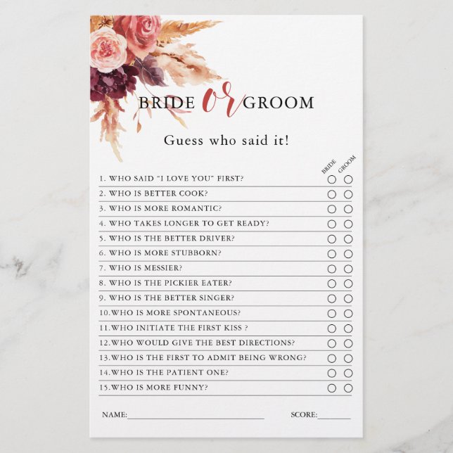 Lámina Boho Burgundy Terracotta Floral Bridal Shower Game (Anverso)