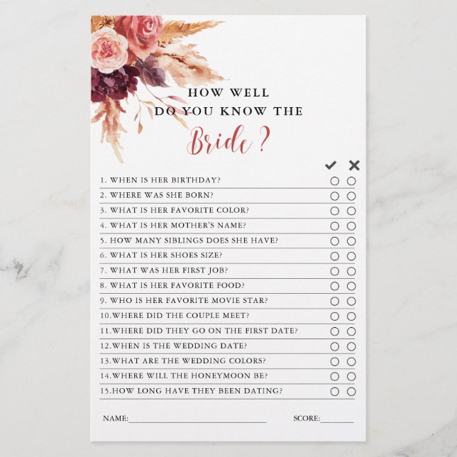 Lámina Boho Burgundy Terracotta Floral Bridal Shower Game (Anverso)