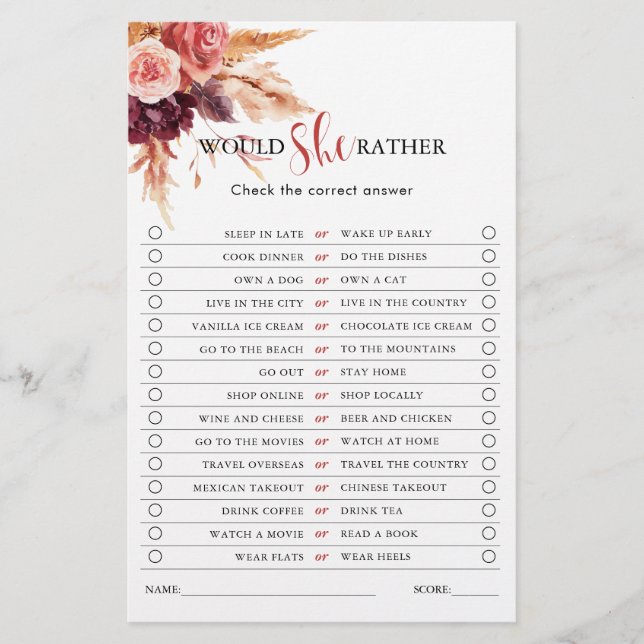 Lámina Boho Burgundy Terracotta Floral Bridal Shower Game (Anverso)