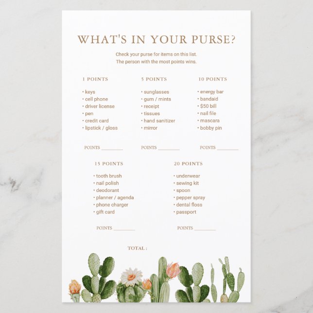 Lámina Boho Cactus Baby Shower ¿Qué hay en tu bolsillo? (Anverso)