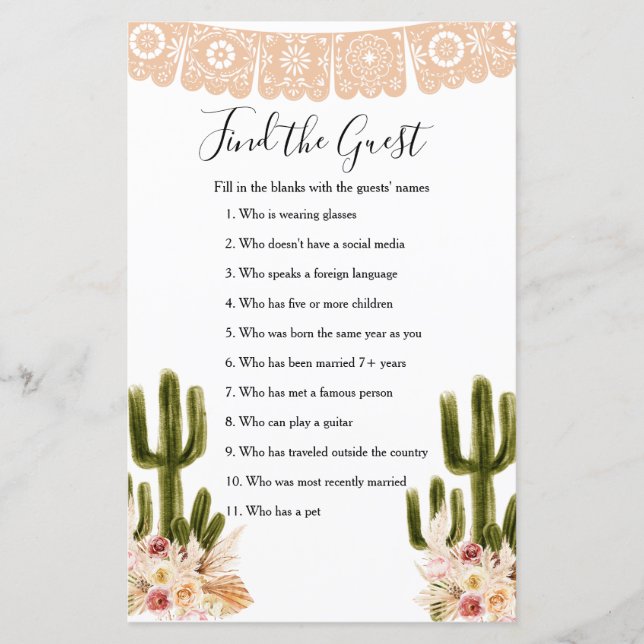 Lámina Boho Cactus Taco 'bout Love Find the Guest game (Anverso)