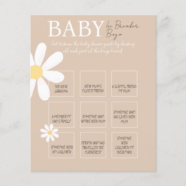 Lámina Boho Daisy Floral Baby Ice Breaker Bingo Juego (Anverso)