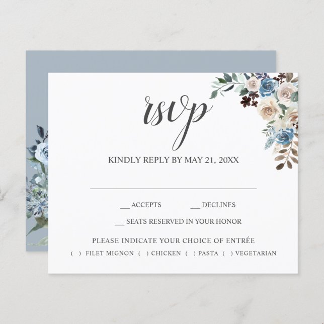 Lámina Boho Dusty Blue Beige Flores Script Wedding RSVP (Anverso / Reverso)