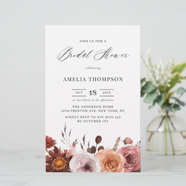 Lámina Boho Fall Flores Bridal Shower Invitación (Anverso de pie)