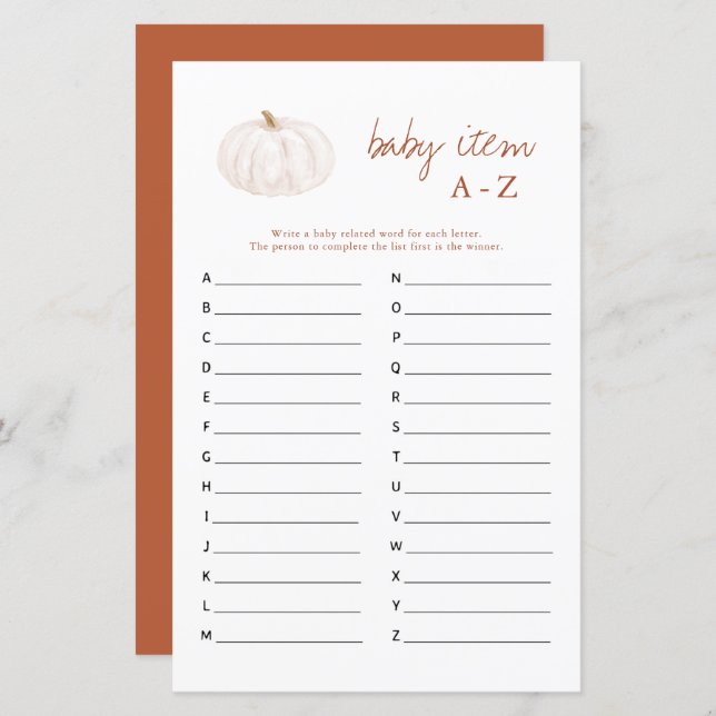 Lámina Boho Fall Pumpkin Baby Item A-Z Baby Shower Game (Anverso / Reverso)