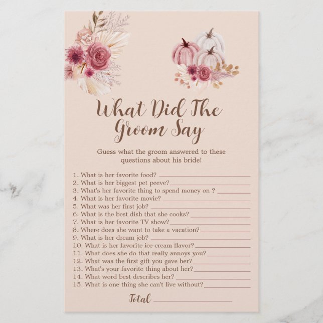 Lámina Boho Fall Pumpkin What Did The Groom Say Game (Anverso)