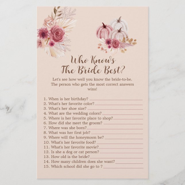 Lámina Boho Fall Pumpkin Who Knows The Bride Best Game (Anverso)