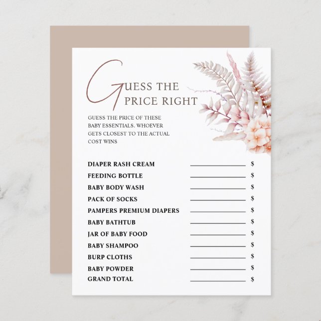 Lámina Boho Floral Baby Shower Adivinan El Juego De La De (Anverso / Reverso)