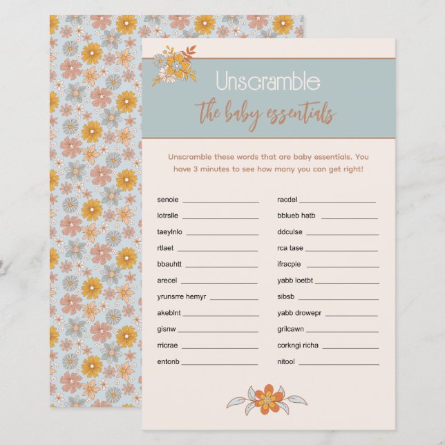 Lámina Boho Floral Baby Shower Word Scramble Game (Anverso / Reverso)