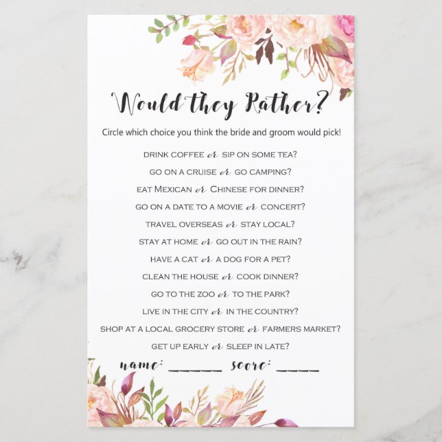 Lámina Boho Floral Bridal Shower Game - Prefieren (Anverso)