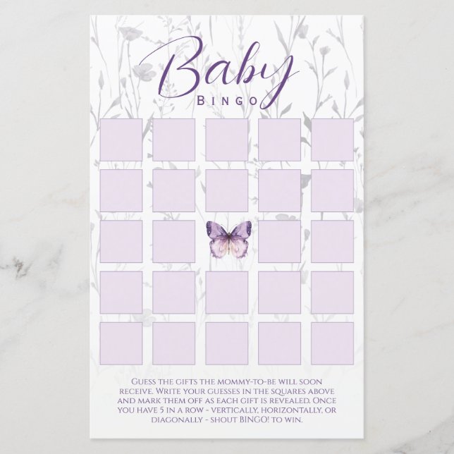 Lámina Boho Floral mariposa Baby Shower Bingo Game Card (Anverso)