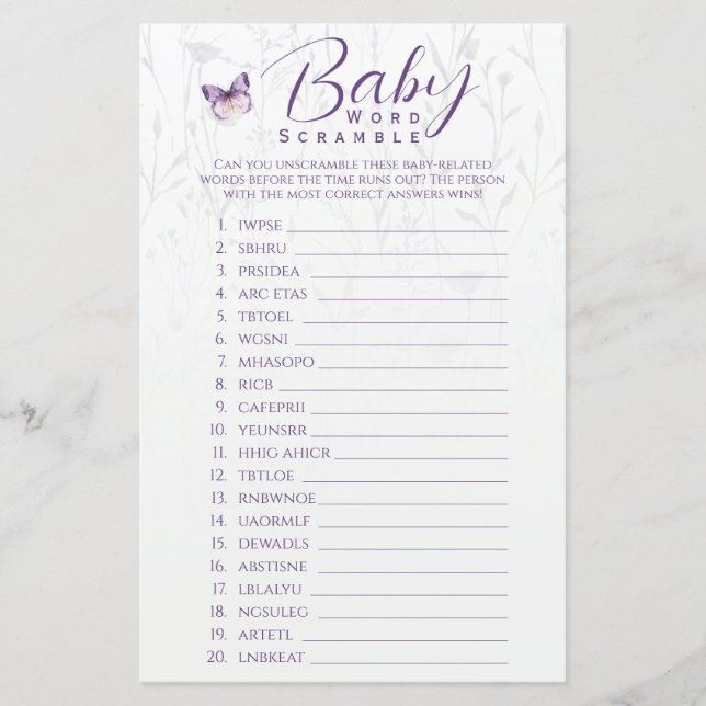 Lámina Boho Floral Mariposa Baby Shower Word Scramble (Anverso)