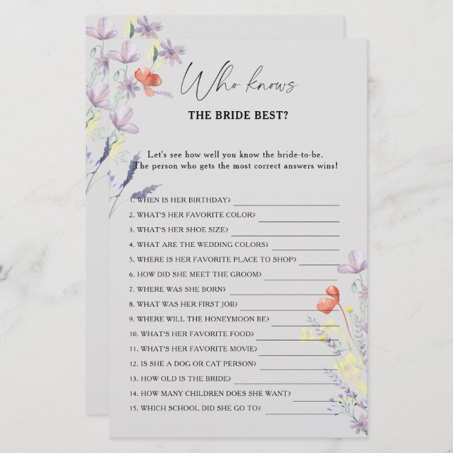 Lámina Boho Floral Quien conoce el mejor juego de novias (Anverso / Reverso)