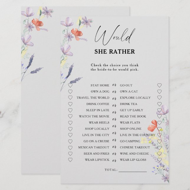 Lámina Boho Flowers Prefiere un juego de ducha de novia (Anverso / Reverso)