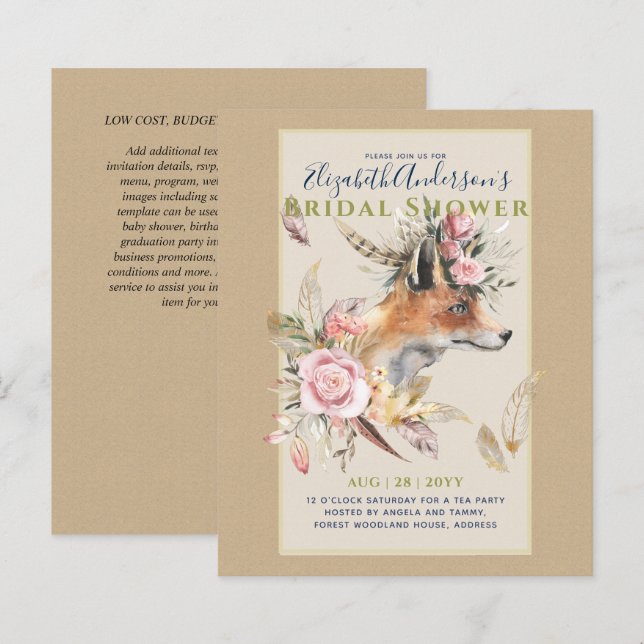 Lámina Boho FOX Bridal Shower Woodland Fethers Floral (Anverso / Reverso)