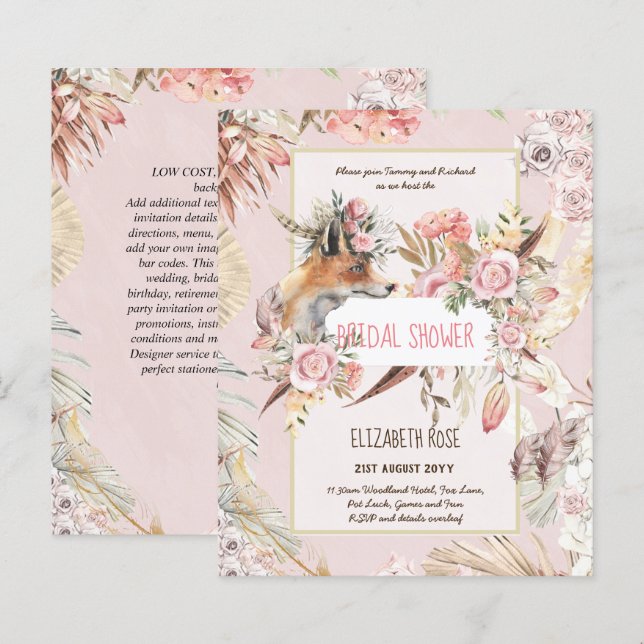 Lámina Boho FOX Bridal Shower Woodland Fethers Floral (Anverso / Reverso)
