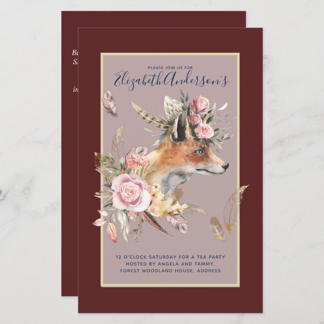 Lámina Boho FOX Bridal Shower Woodland Fethers Floral (Anverso / Reverso)