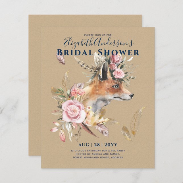 Lámina Boho FOX Bridal Shower Woodland Fethers Floral (Anverso / Reverso)