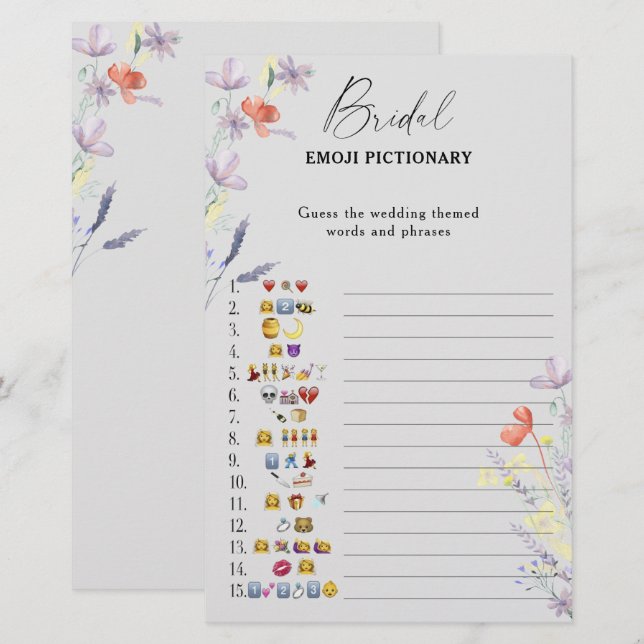 Lámina Boho juego de emoji con flores de ducha de novia (Anverso / Reverso)